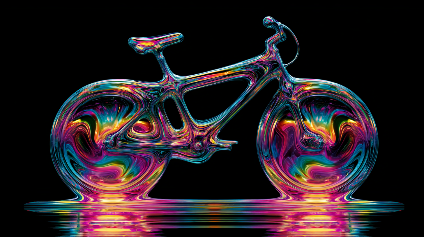 Psychedelic iridescent glass bicycle glowing in rainbow chrome on a black background