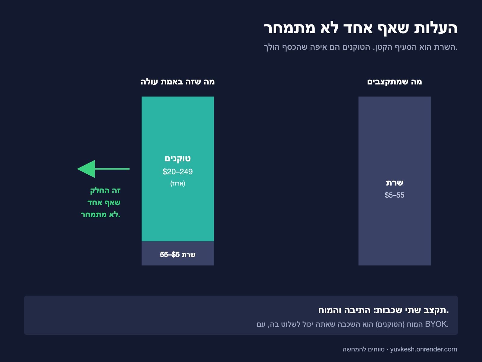 תרשים שמראה שהעלות החודשית האמיתית של סוכן 24/7 נשלטת על ידי הטוקנים, לא השרת